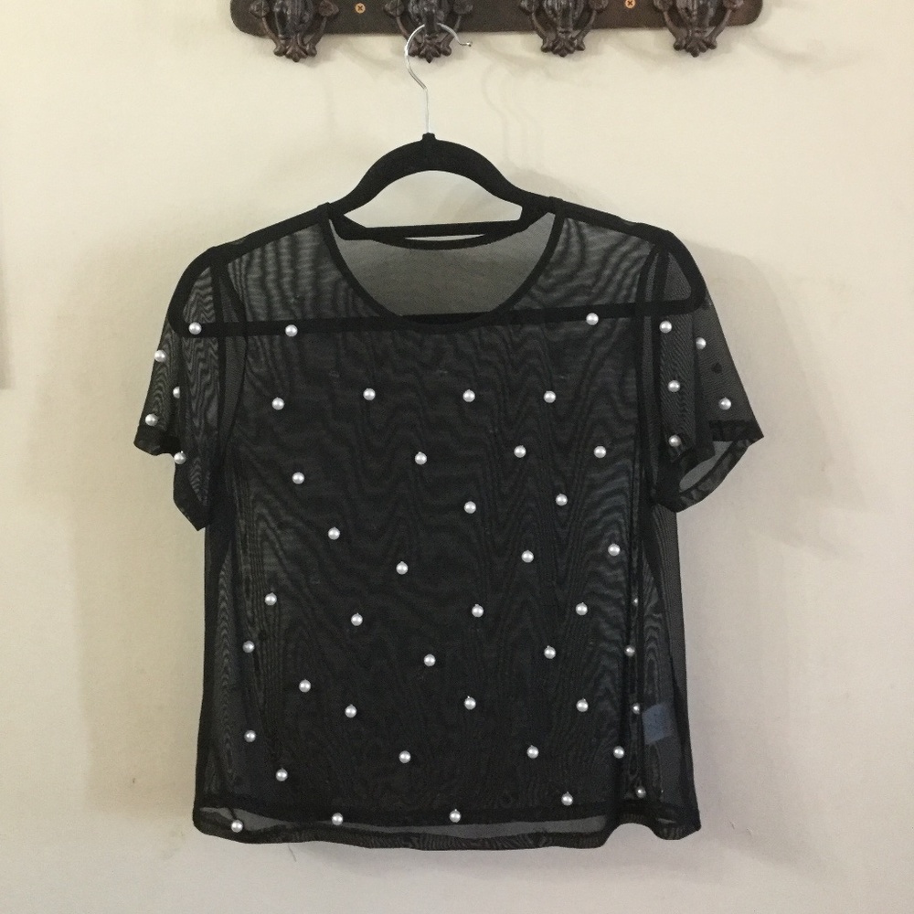 Sheer Mesh Pearl Statement Top